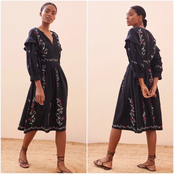 NWT ANTHROPOLOGIE EMBROIDERED MIDI DRESS IN BLACK - Picture 5 of 5